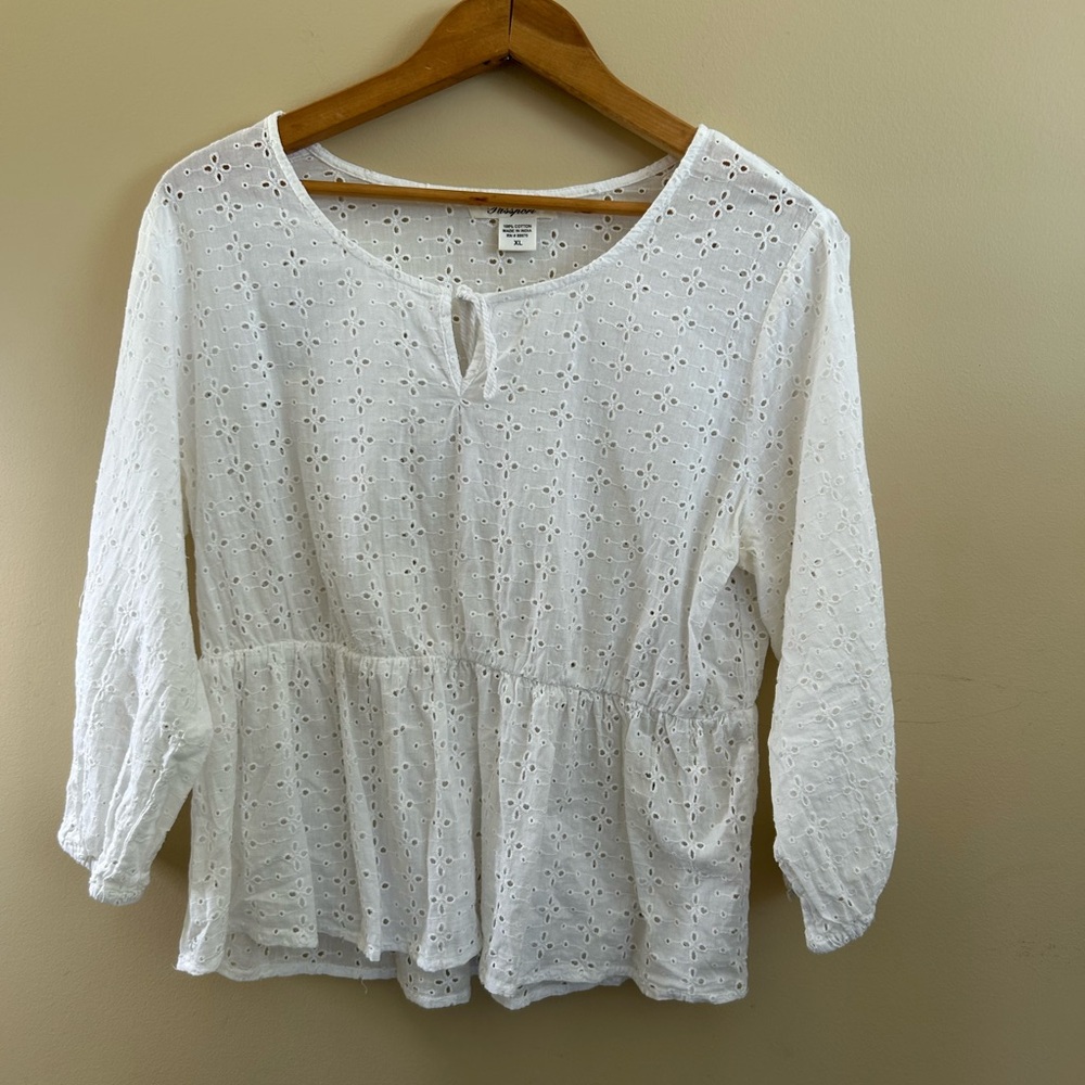 White Long Sleeve Boat Neck Eyelet Peasant Top/ Bohemian/ Costal Cowgirl
